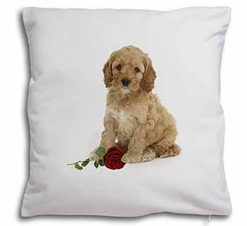 Cockerpoodle Puppy with Red Rose Soft White Velvet Feel Scatter Cushion