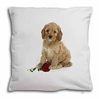 Cockerpoodle Puppy with Red Rose Soft White Velvet Feel Scatter Cushion