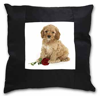 Cockerpoodle Puppy with Red Rose Black Satin Feel Scatter Cushion