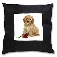 Cockerpoodle Puppy with Red Rose Black Satin Feel Scatter Cushion