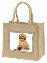 Cockerpoodle Puppy with Red Rose Natural/Beige Jute Large Shopping Bag