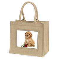 Cockerpoodle Puppy with Red Rose Natural/Beige Jute Large Shopping Bag