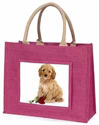Cockerpoodle Puppy with Red Rose Large Pink Jute Shopping Bag
