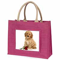 Cockerpoodle Puppy with Red Rose Large Pink Jute Shopping Bag