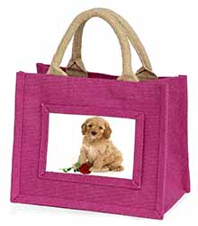 Cockerpoodle Puppy with Red Rose Little Girls Small Pink Jute Shopping Bag