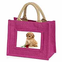 Cockerpoodle Puppy with Red Rose Little Girls Small Pink Jute Shopping Bag