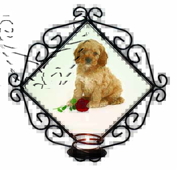 Cockerpoodle Puppy with Red Rose Wrought Iron Wall Art Candle Holder