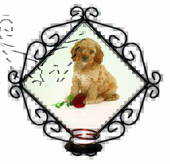 Cockerpoodle Puppy with Red Rose Wrought Iron Wall Art Candle Holder