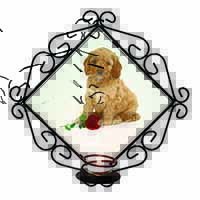 Cockerpoodle Puppy with Red Rose Wrought Iron Wall Art Candle Holder