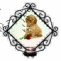 Cockerpoodle Puppy with Red Rose Wrought Iron Wall Art Candle Holder