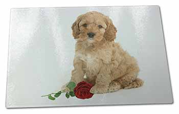 Large Glass Cutting Chopping Board Cockerpoodle Puppy with Red Rose