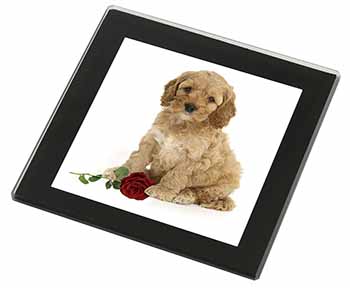 Cockerpoodle Puppy with Red Rose Black Rim High Quality Glass Coaster