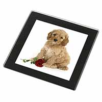 Cockerpoodle Puppy with Red Rose Black Rim High Quality Glass Coaster