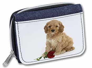 Cockerpoodle Puppy with Red Rose Unisex Denim Purse Wallet