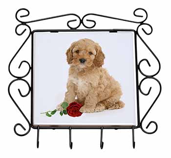 Cockerpoodle Puppy with Red Rose Wrought Iron Key Holder Hooks