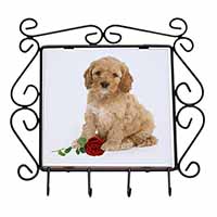 Cockerpoodle Puppy with Red Rose Wrought Iron Key Holder Hooks