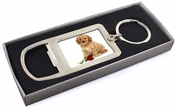 Cockerpoodle Puppy with Red Rose Chrome Metal Bottle Opener Keyring in Box