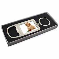 Cockerpoodle Puppy with Red Rose Chrome Metal Bottle Opener Keyring in Box