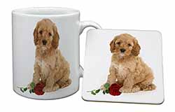 Cockerpoodle Puppy with Red Rose Mug and Coaster Set