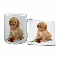 Cockerpoodle Puppy with Red Rose Mug and Coaster Set