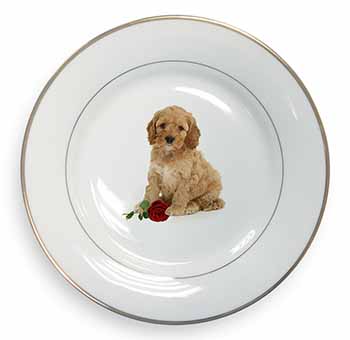 Cockerpoodle Puppy with Red Rose Gold Rim Plate Printed Full Colour in Gift Box