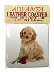 Cockerpoodle Puppy with Red Rose Single Leather Photo Coaster