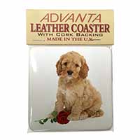 Cockerpoodle Puppy with Red Rose Single Leather Photo Coaster