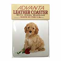 Cockerpoodle Puppy with Red Rose Single Leather Photo Coaster