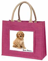Cockerpoodle Puppy "Yours Forever..." Large Pink Jute Shopping Bag
