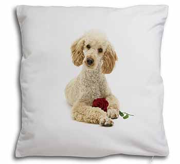 Poodle with Red Rose Soft White Velvet Feel Scatter Cushion