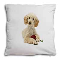 Poodle with Red Rose Soft White Velvet Feel Scatter Cushion