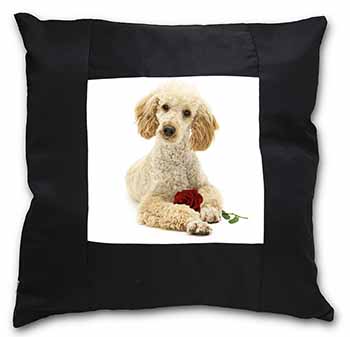 Poodle with Red Rose Black Satin Feel Scatter Cushion