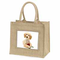Poodle with Red Rose Natural/Beige Jute Large Shopping Bag