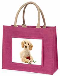 Poodle with Red Rose Large Pink Jute Shopping Bag