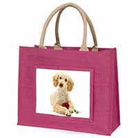 Poodle with Red Rose Large Pink Jute Shopping Bag