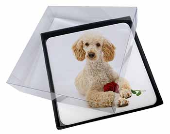 4x Poodle with Red Rose Picture Table Coasters Set in Gift Box