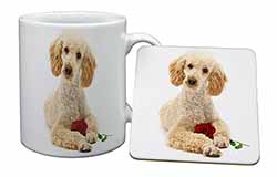 Poodle with Red Rose Mug and Coaster Set