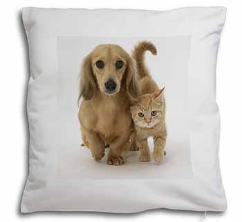 Dachshund Dog and Kitten Soft White Velvet Feel Scatter Cushion