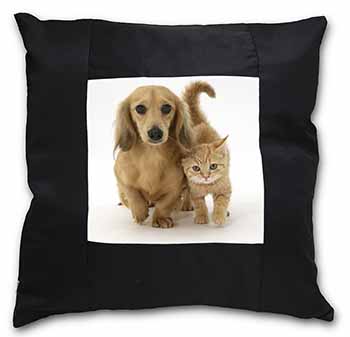 Dachshund Dog and Kitten Black Satin Feel Scatter Cushion