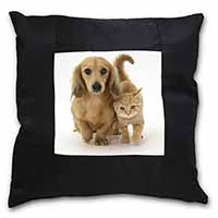 Dachshund Dog and Kitten Black Satin Feel Scatter Cushion
