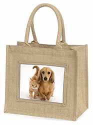Dachshund Dog and Kitten Natural/Beige Jute Large Shopping Bag