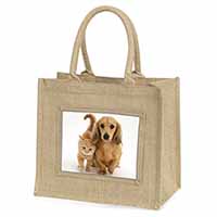 Dachshund Dog and Kitten Natural/Beige Jute Large Shopping Bag