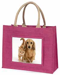 Dachshund Dog and Kitten Large Pink Jute Shopping Bag