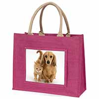Dachshund Dog and Kitten Large Pink Jute Shopping Bag