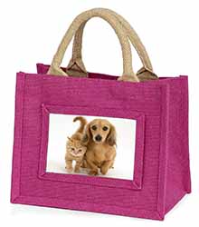 Dachshund Dog and Kitten Little Girls Small Pink Jute Shopping Bag