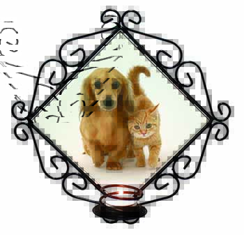 Dachshund Dog and Kitten Wrought Iron Wall Art Candle Holder