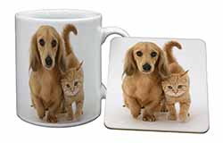 Dachshund Dog and Kitten Mug and Coaster Set