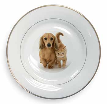 Dachshund Dog and Kitten Gold Rim Plate Printed Full Colour in Gift Box