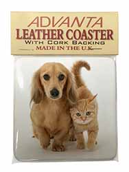 Dachshund Dog and Kitten Single Leather Photo Coaster