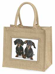 Cute Dachshund Dogs Natural/Beige Jute Large Shopping Bag